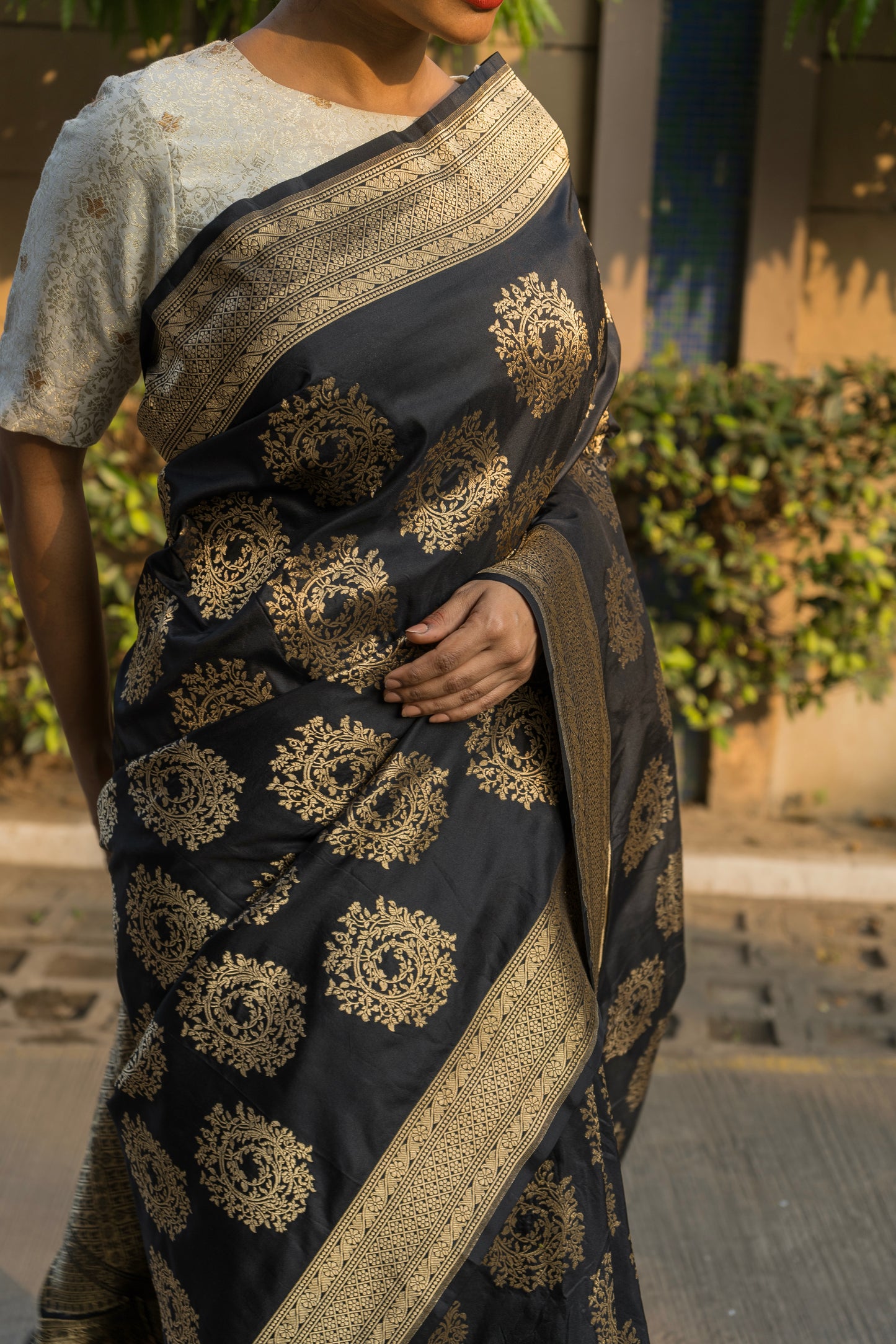 Katan Zari Booti Black Saree