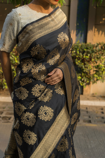 Katan Zari Booti Black Saree