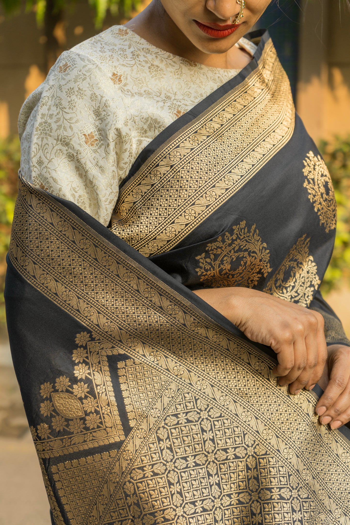 Katan Zari Booti Black Saree