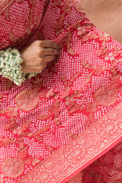 Bandhej Banarasi Jangla Red Bandhej Saree