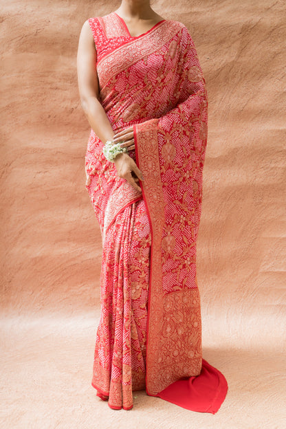 Bandhej Banarasi Jangla Red Bandhej Saree