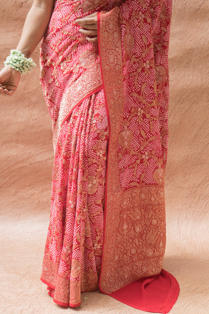 Bandhej Banarasi Jangla Red Bandhej Saree