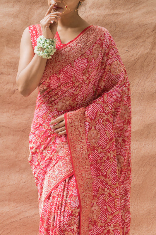 Bandhej Banarasi Jangla Red Bandhej Saree