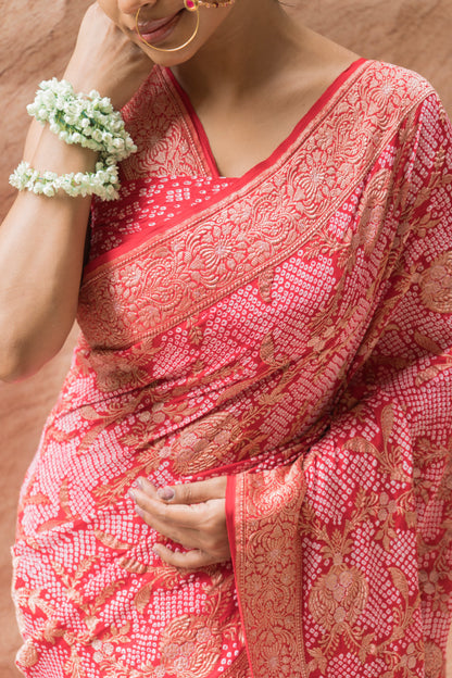 Bandhej Banarasi Jangla Red Bandhej Saree