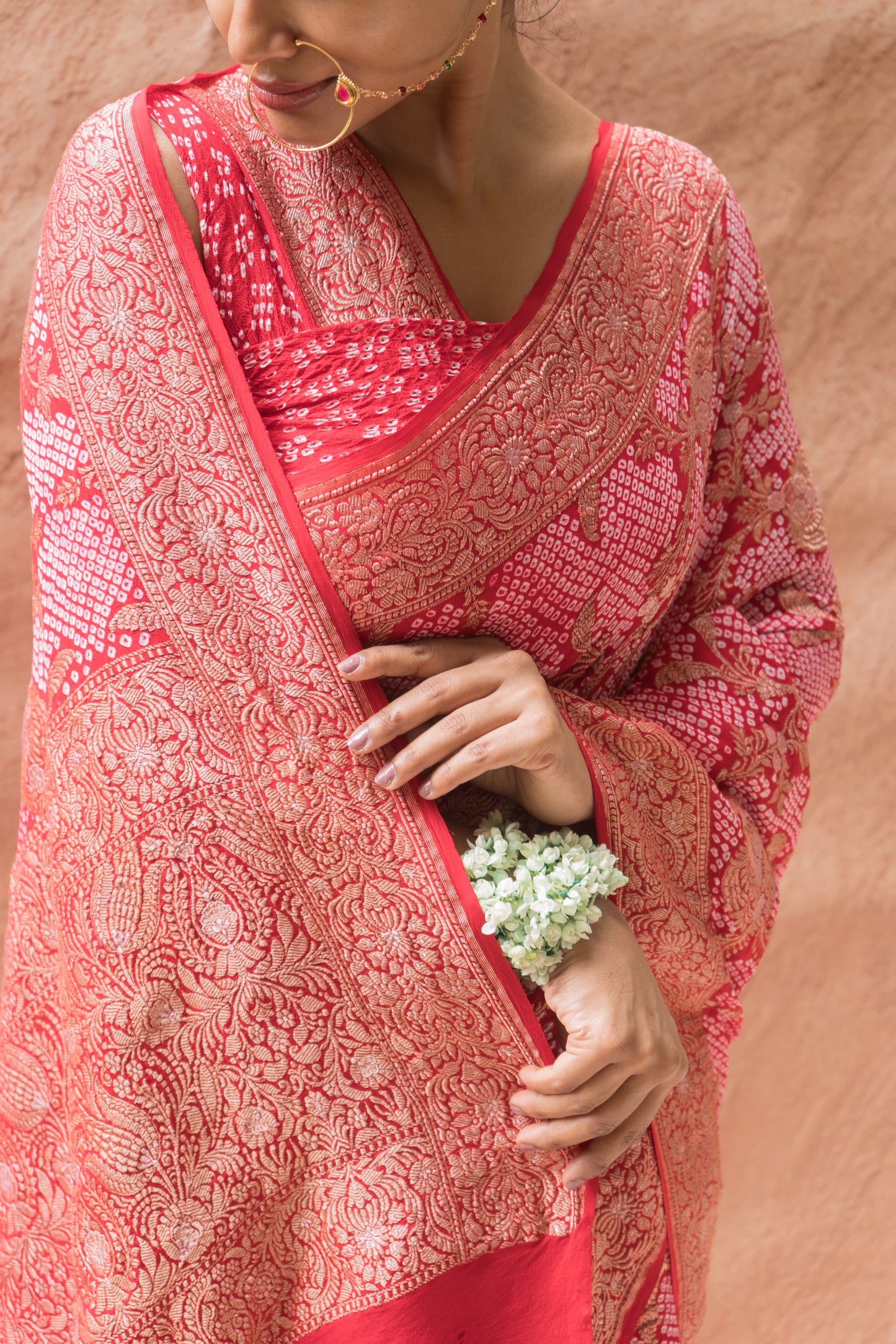 Bandhej Banarasi Jangla Red Bandhej Saree