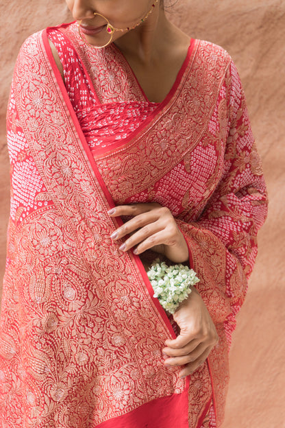 Bandhej Banarasi Jangla Red Bandhej Saree
