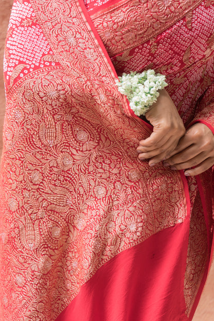 Bandhej Banarasi Jangla Red Bandhej Saree