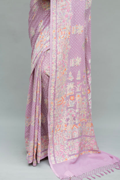 Bootidar Parsi Georgette Lilac Bandhej Saree