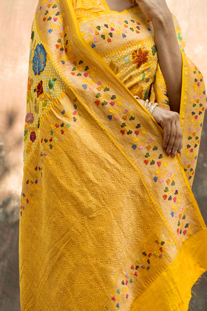 Heavy Katan Meenaakari Jaal Intricate Yellow Bandhej Saree