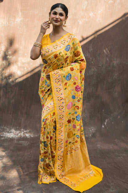 Heavy Katan Meenaakari Jaal Intricate Yellow Bandhej Saree