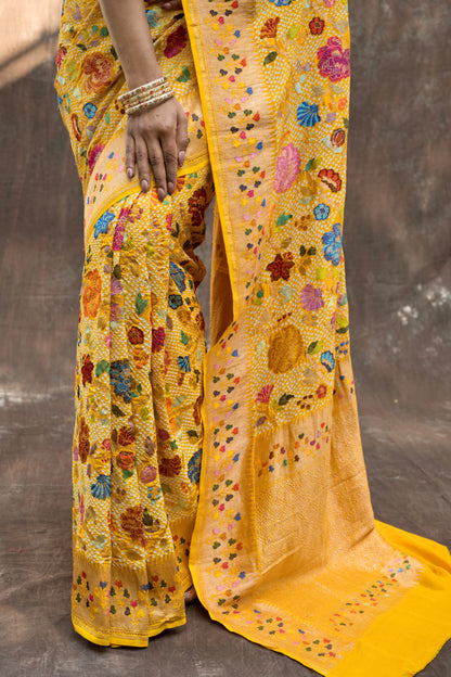 Heavy Katan Meenaakari Jaal Intricate Yellow Bandhej Saree