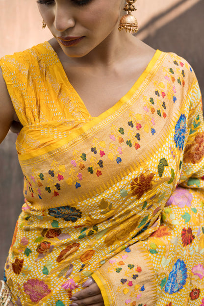 Heavy Katan Meenaakari Jaal Intricate Yellow Bandhej Saree