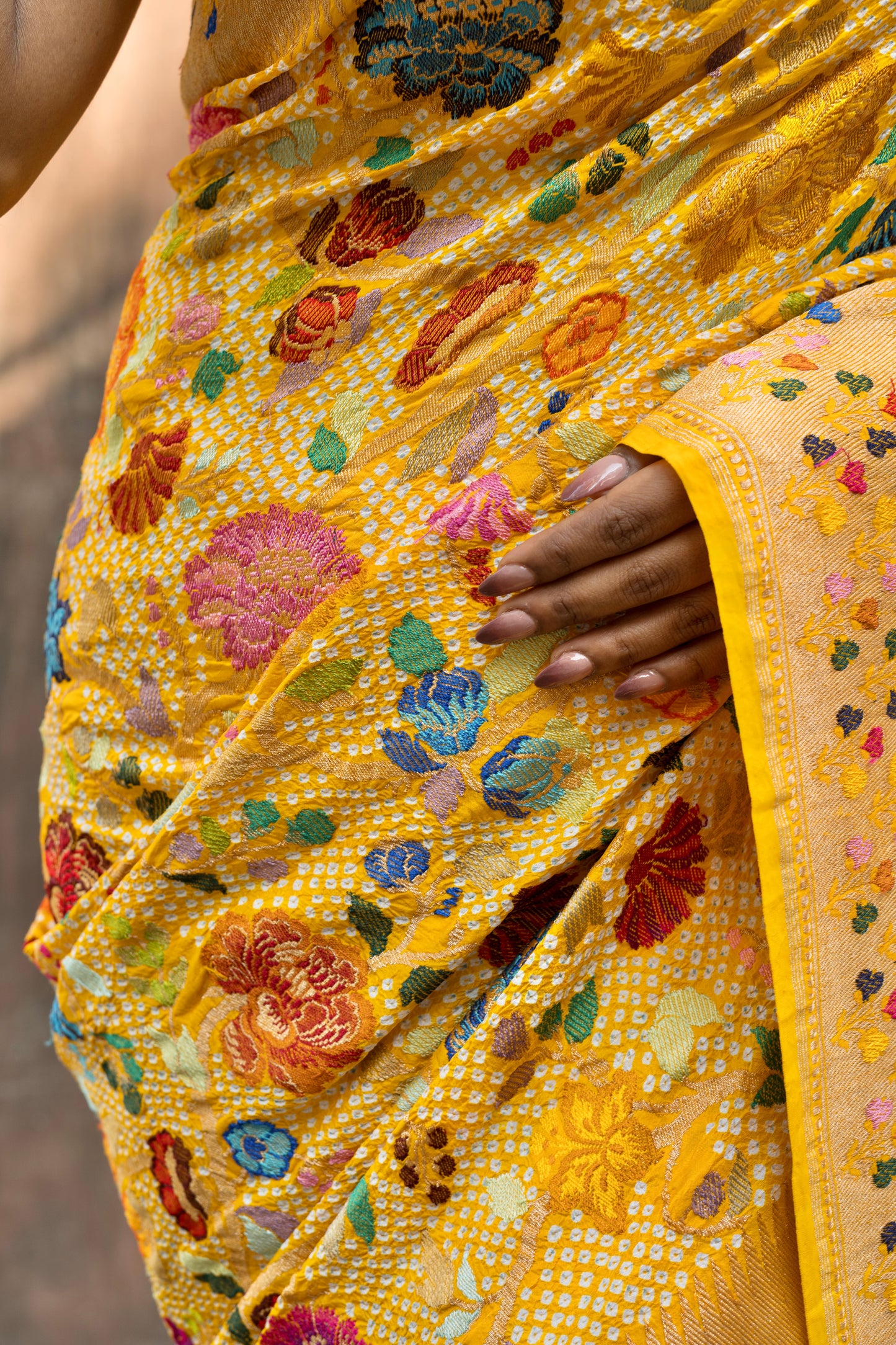 Heavy Katan Meenaakari Jaal Intricate Yellow Bandhej Saree