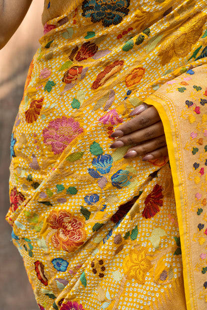 Heavy Katan Meenaakari Jaal Intricate Yellow Bandhej Saree