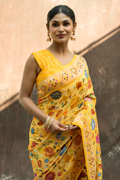 Heavy Katan Meenaakari Jaal Intricate Yellow Bandhej Saree
