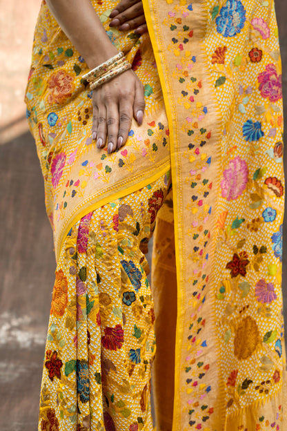 Heavy Katan Meenaakari Jaal Intricate Yellow Bandhej Saree