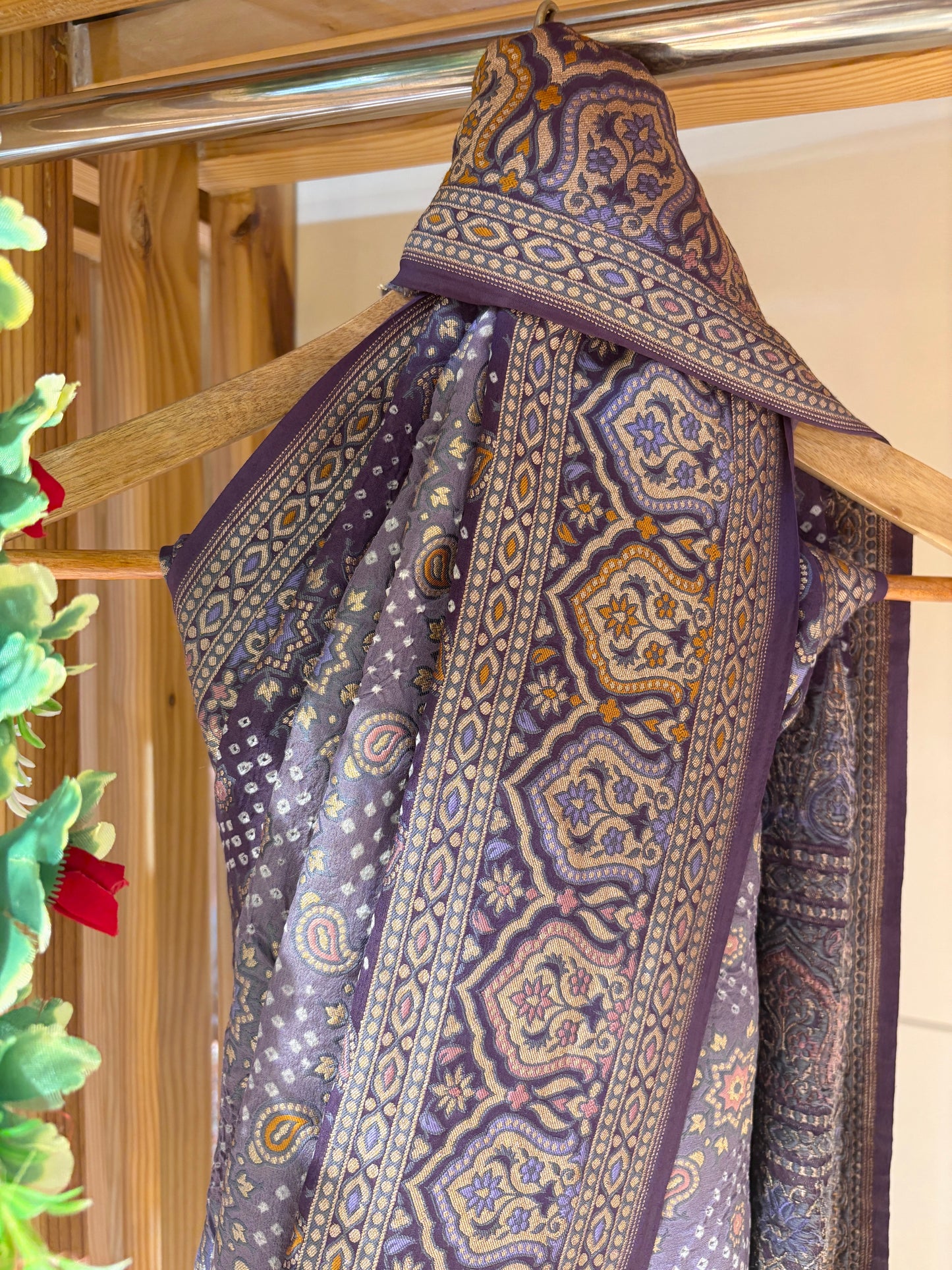 Ajrakh Weaving Purple Ombre Rai Dana Bandhej Saree