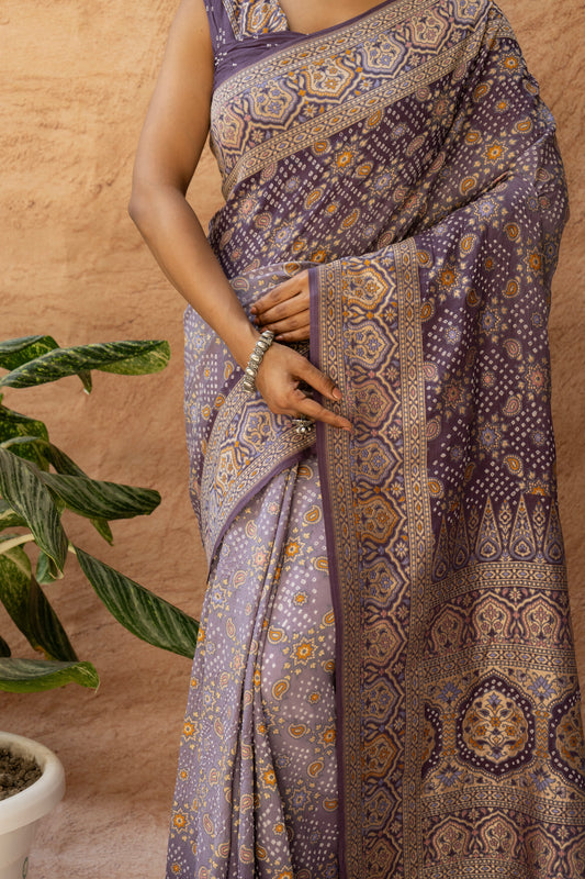 Ajrakh Weaving Purple Ombre Rai Dana Bandhej Saree