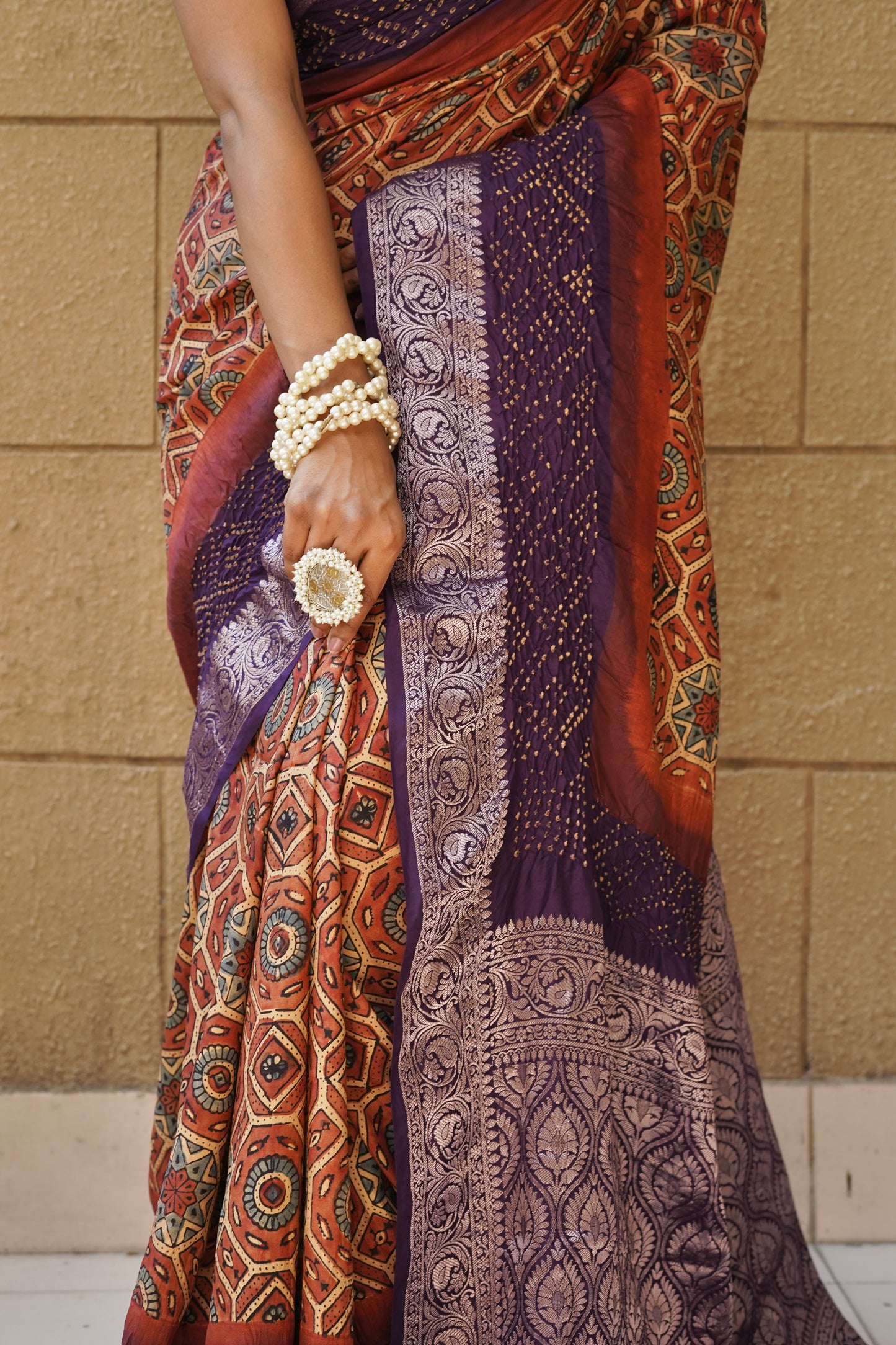 Ajrakh Katan Rai Dana Purple Red Bandhej Saree