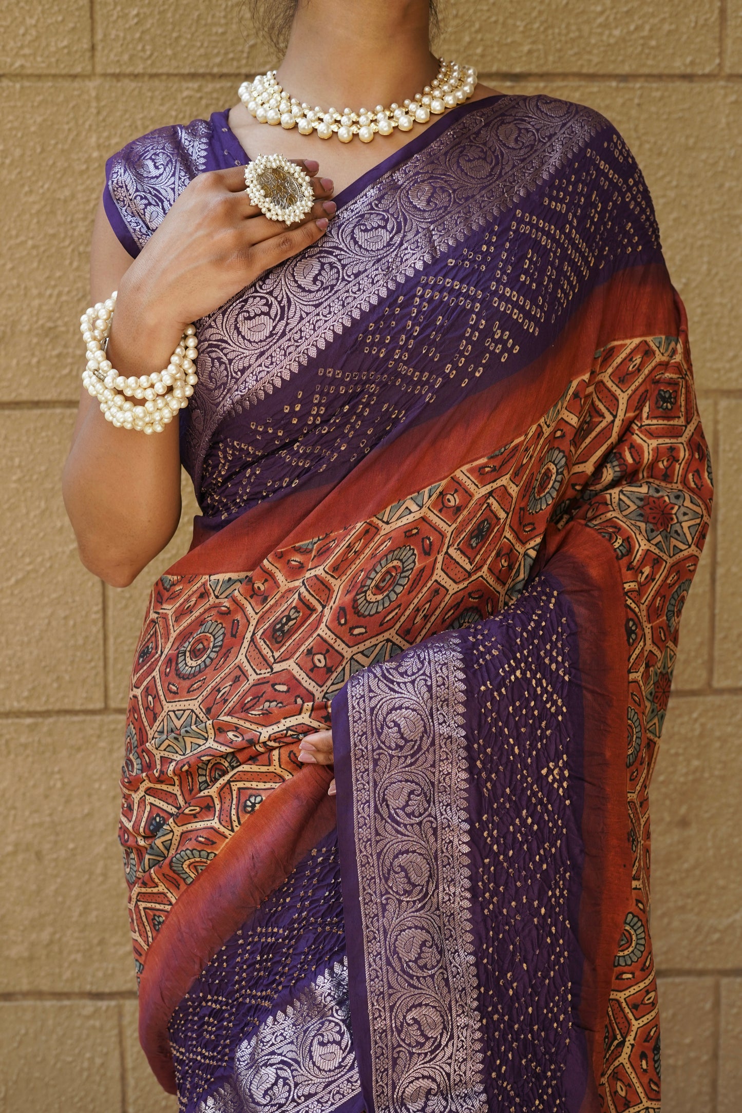 Ajrakh Katan Rai Dana Purple Red Bandhej Saree
