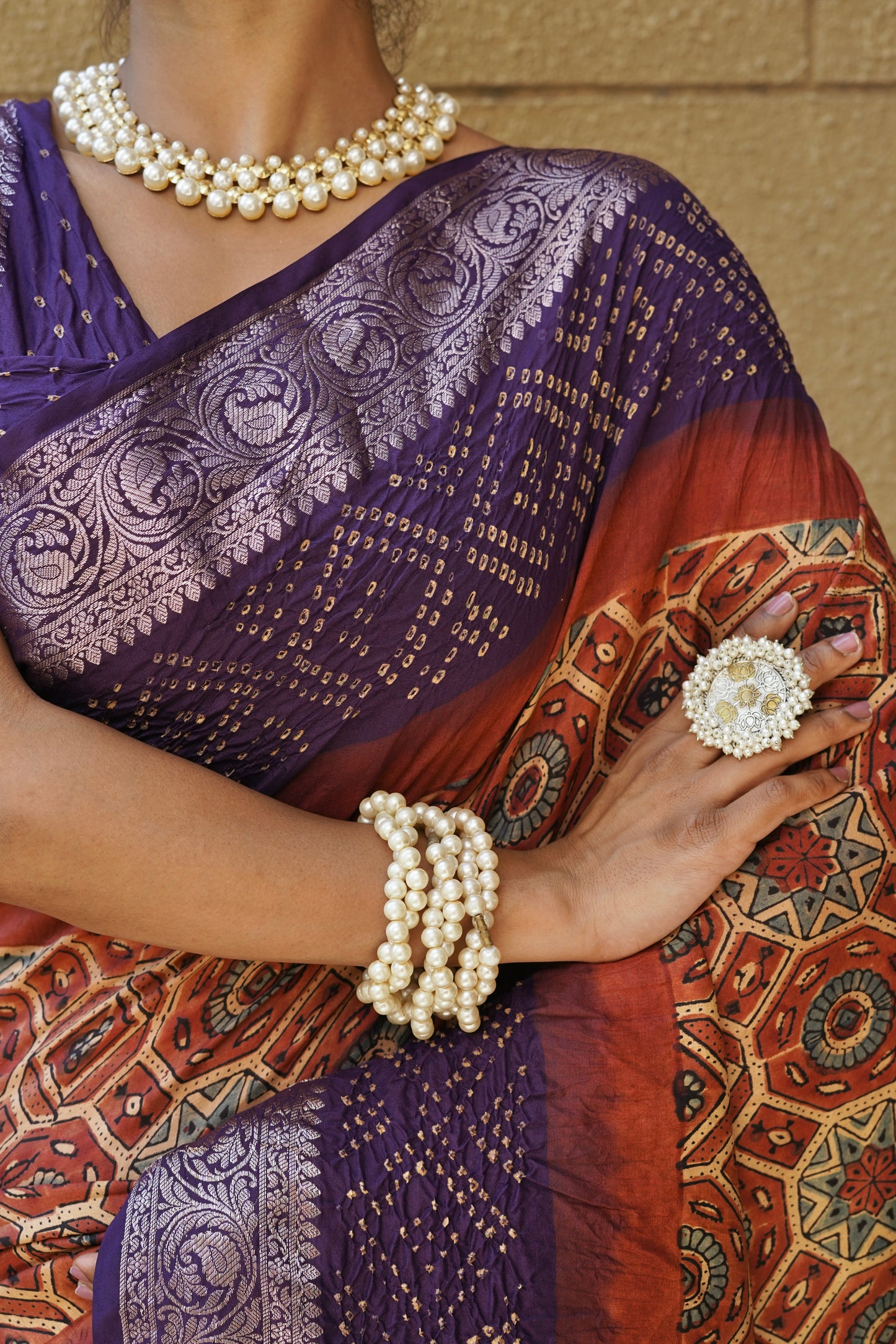 Ajrakh Katan Rai Dana Purple Red Bandhej Saree