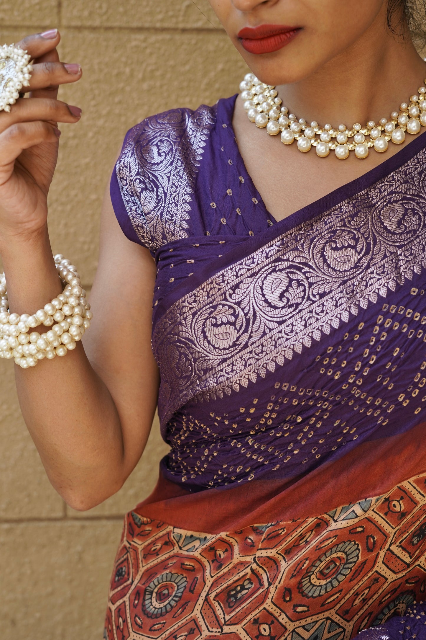 Ajrakh Katan Rai Dana Purple Red Bandhej Saree