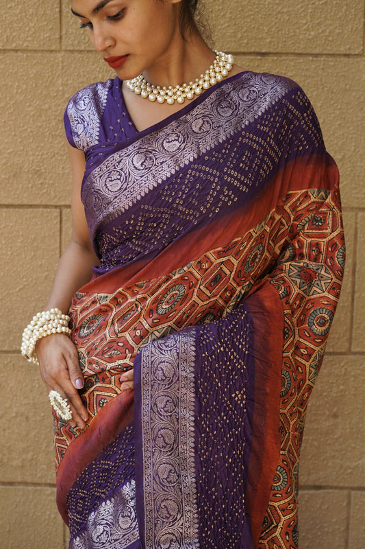 Ajrakh Katan Rai Dana Purple Red Bandhej Saree