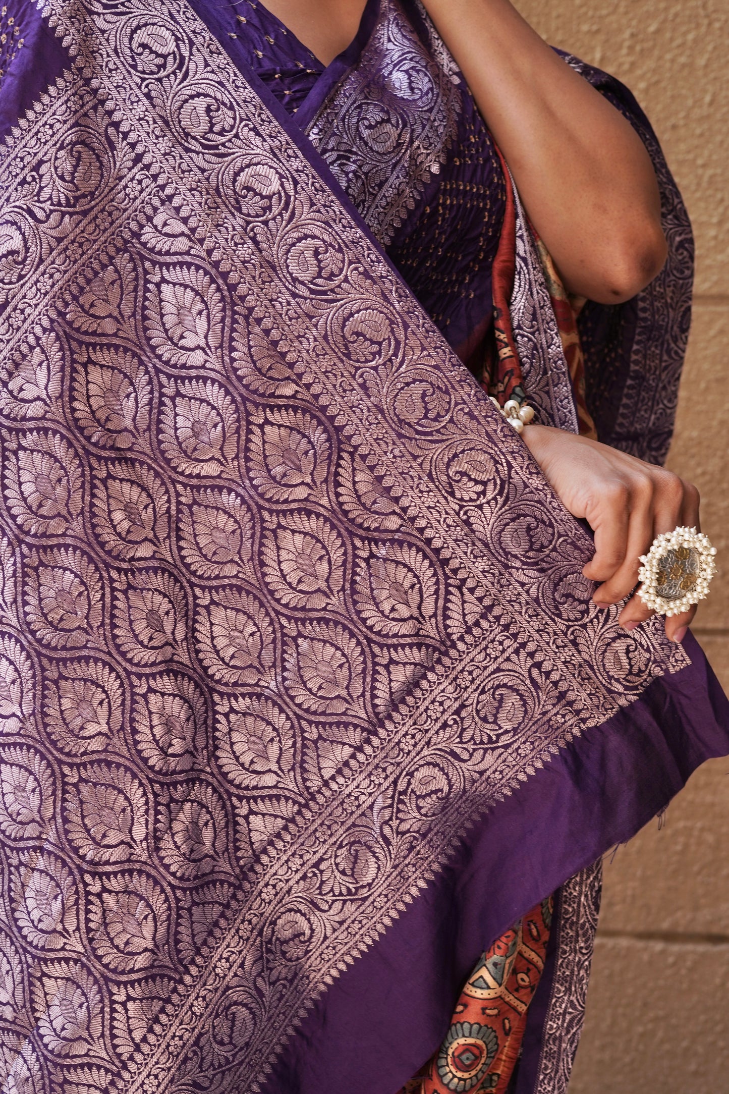 Ajrakh Katan Rai Dana Purple Red Bandhej Saree