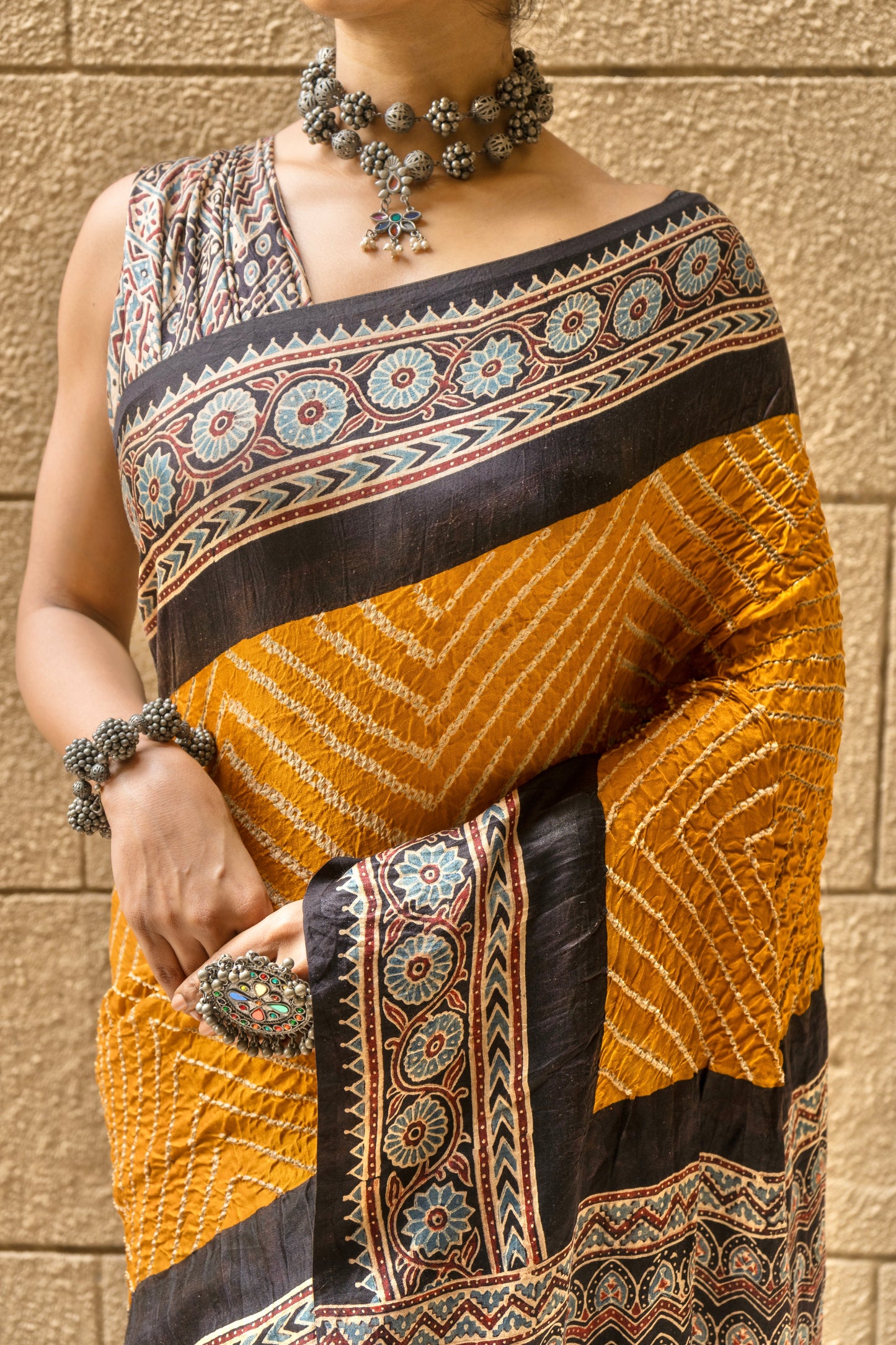 Gajji Ajrakh Rai Dana Mustard Yellow Bandhej Saree