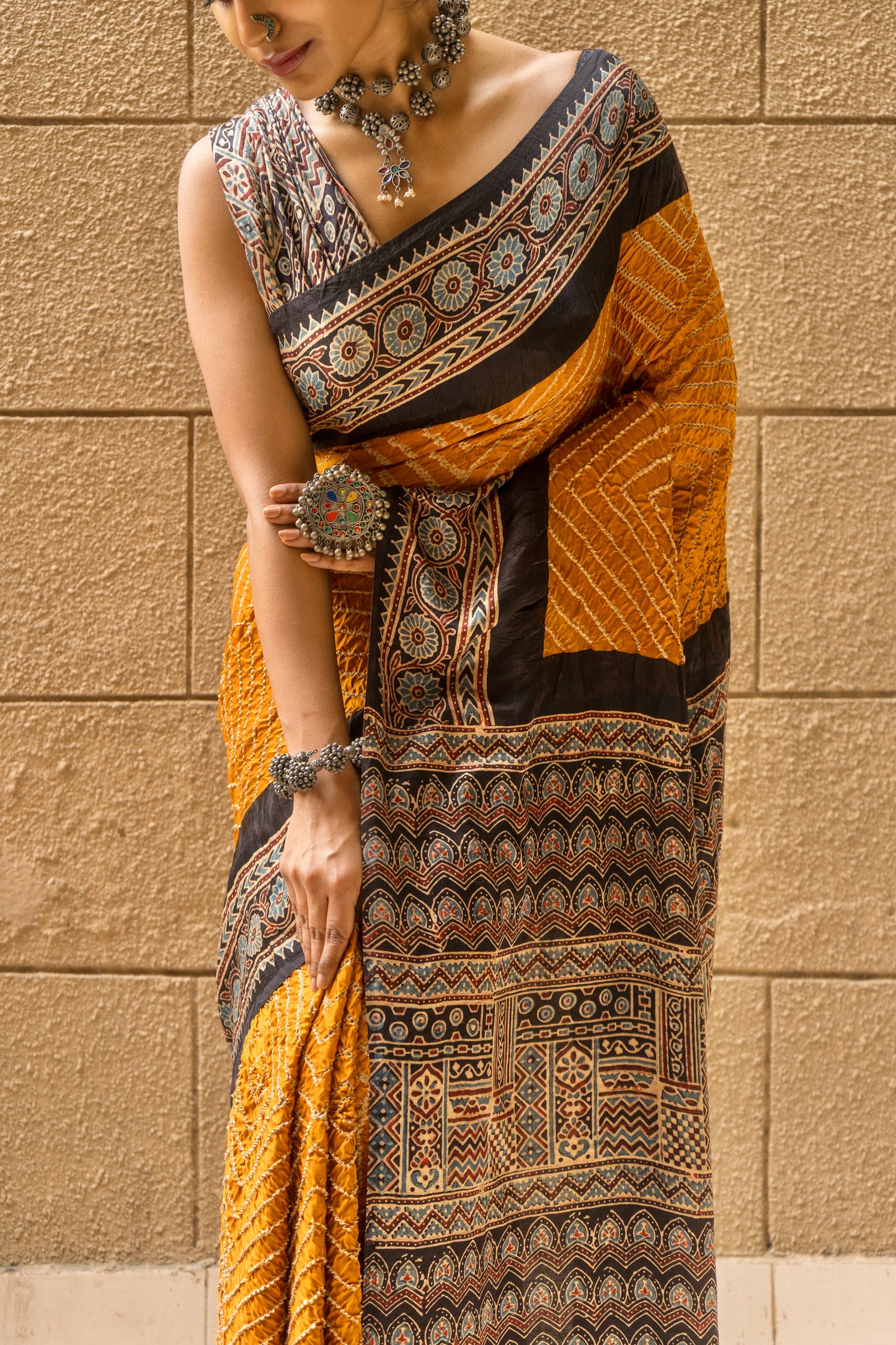 Gajji Ajrakh Rai Dana Mustard Yellow Bandhej Saree