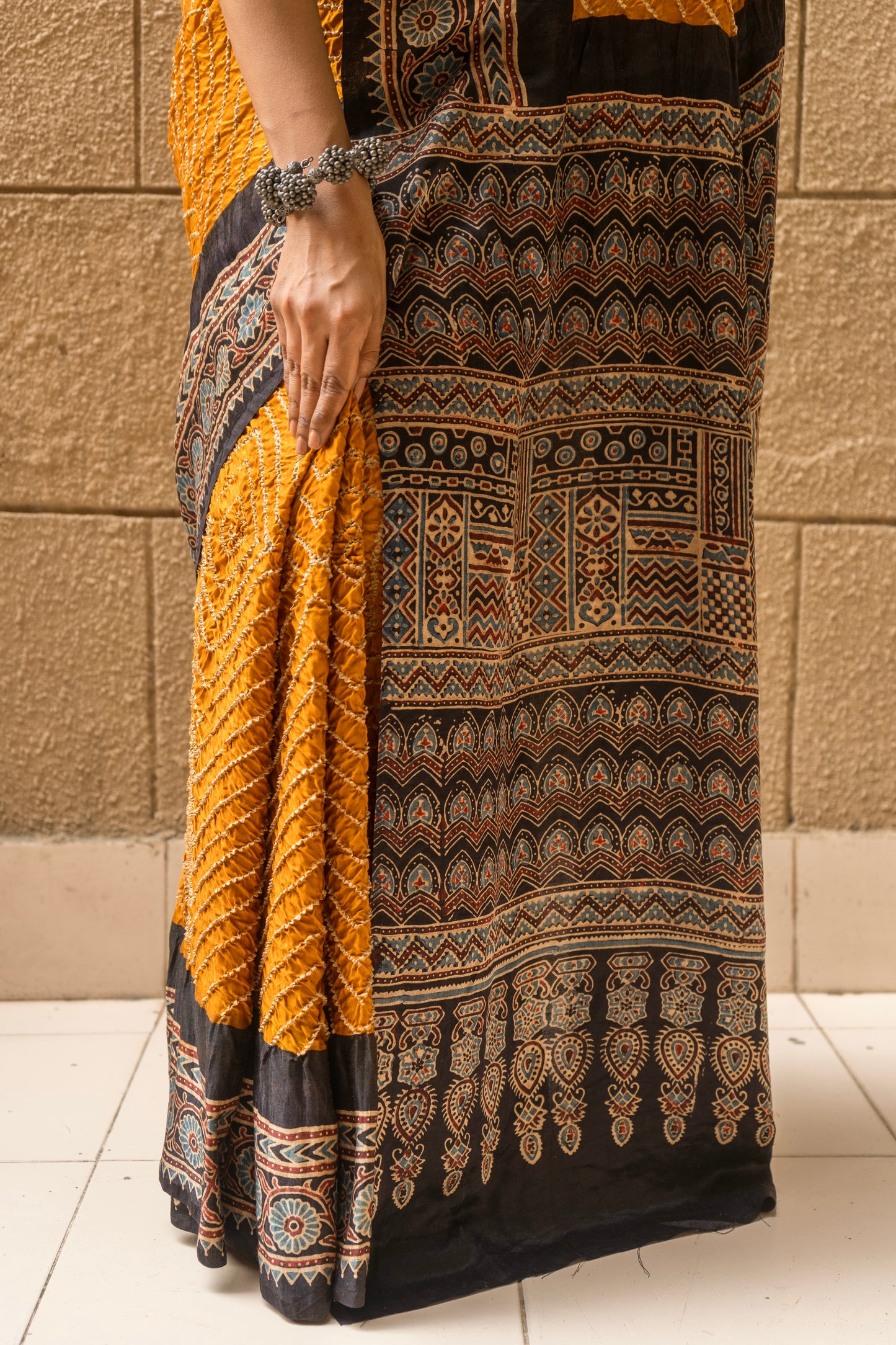 Gajji Ajrakh Rai Dana Mustard Yellow Bandhej Saree