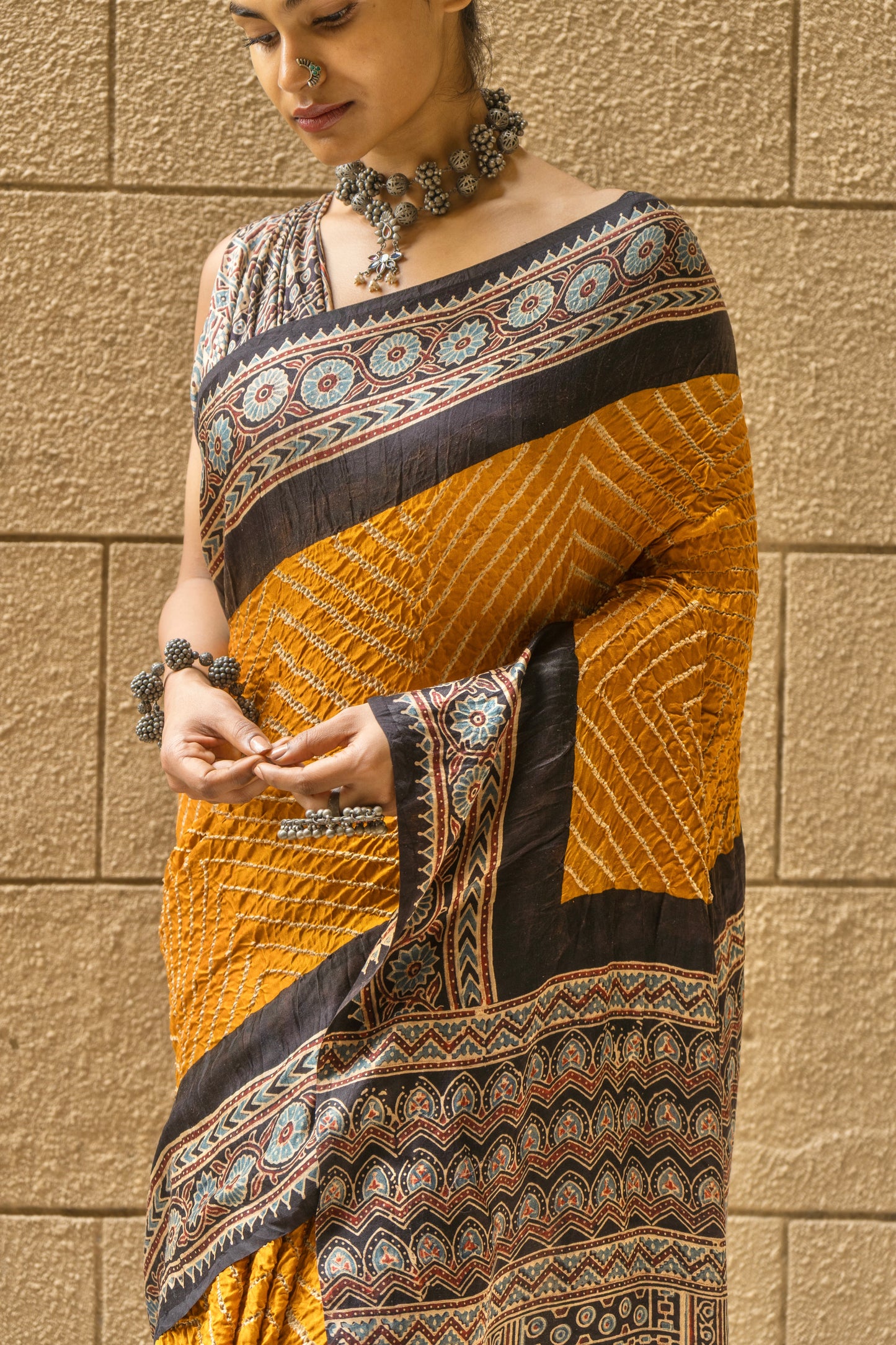 Gajji Ajrakh Rai Dana Mustard Yellow Bandhej Saree