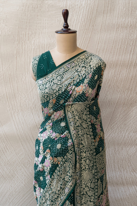 Parsi Jaal Georgette Bottle Green Bandhej Saree