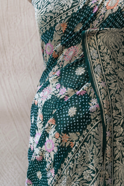 Parsi Jaal Georgette Bottle Green Bandhej Saree