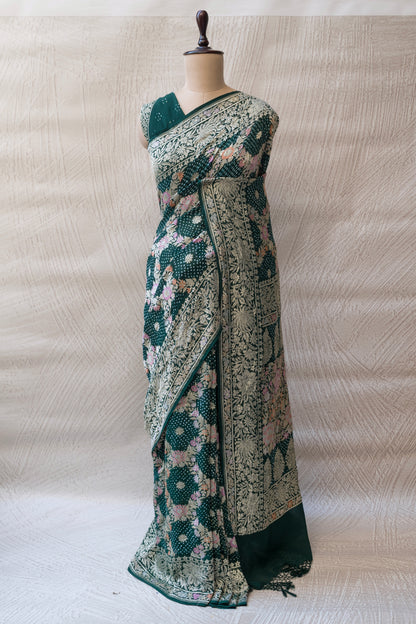 Parsi Jaal Georgette Bottle Green Bandhej Saree