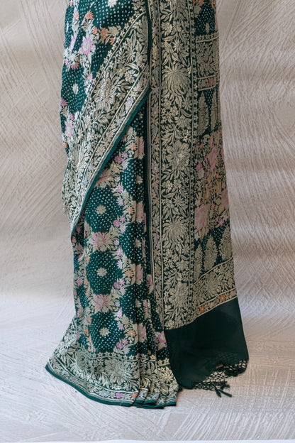 Parsi Jaal Georgette Bottle Green Bandhej Saree