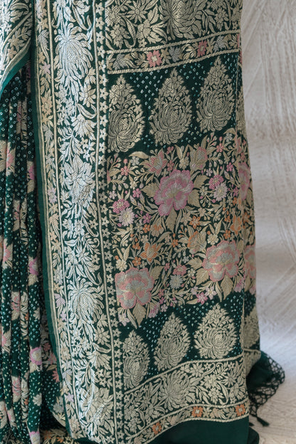 Parsi Jaal Georgette Bottle Green Bandhej Saree