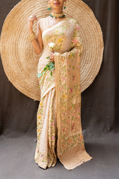 Cream Meenakari Rai Dana Georgette Bandhej Saree