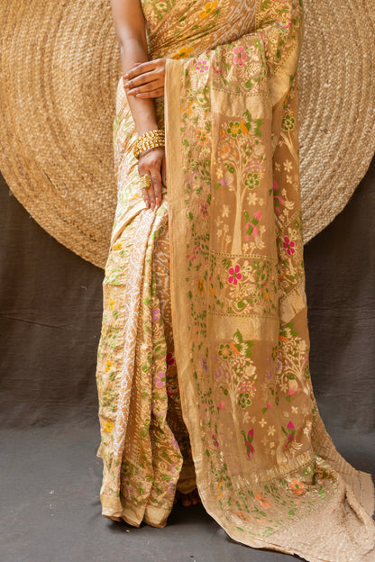 Cream Meenakari Rai Dana Georgette Bandhej Saree
