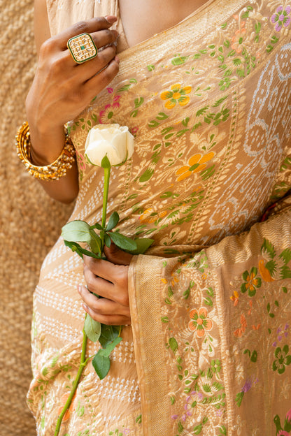 Cream Meenakari Rai Dana Georgette Bandhej Saree