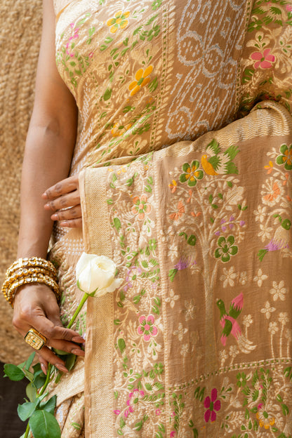 Cream Meenakari Rai Dana Georgette Bandhej Saree