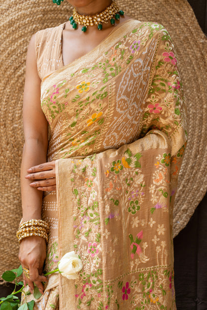 Cream Meenakari Rai Dana Georgette Bandhej Saree
