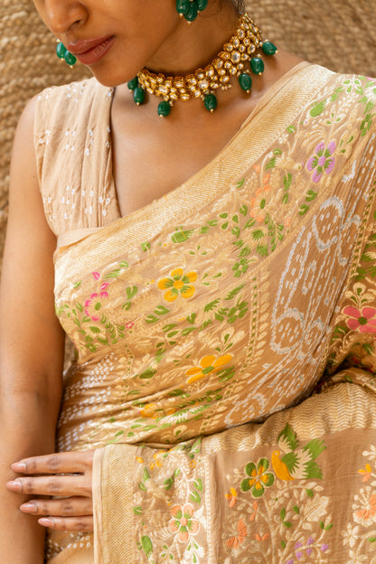 Cream Meenakari Rai Dana Georgette Bandhej Saree