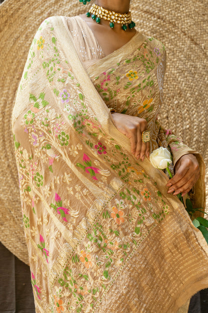 Cream Meenakari Rai Dana Georgette Bandhej Saree