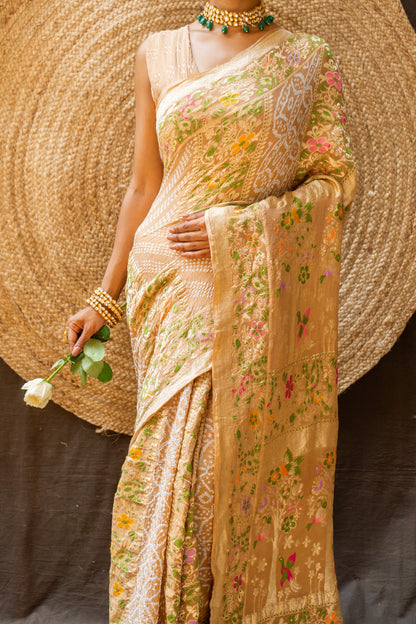 Cream Meenakari Rai Dana Georgette Bandhej Saree