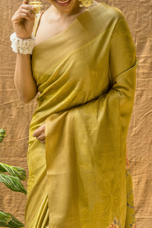 Tussar Silk Mehendi Green Embroidered Saree