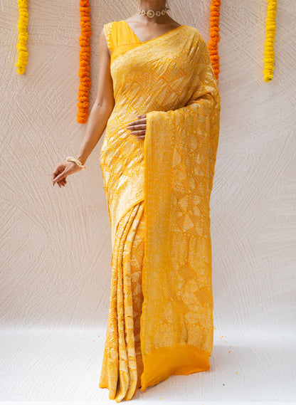 Georgette Rai Dana Yellow Bandhej Saree