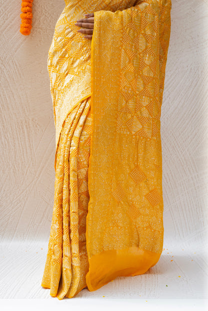 Georgette Rai Dana Yellow Bandhej Saree