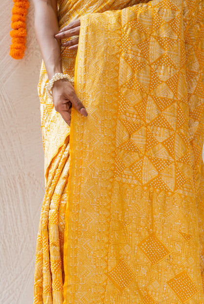 Georgette Rai Dana Yellow Bandhej Saree
