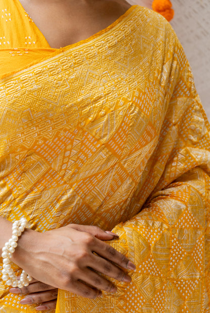 Georgette Rai Dana Yellow Bandhej Saree